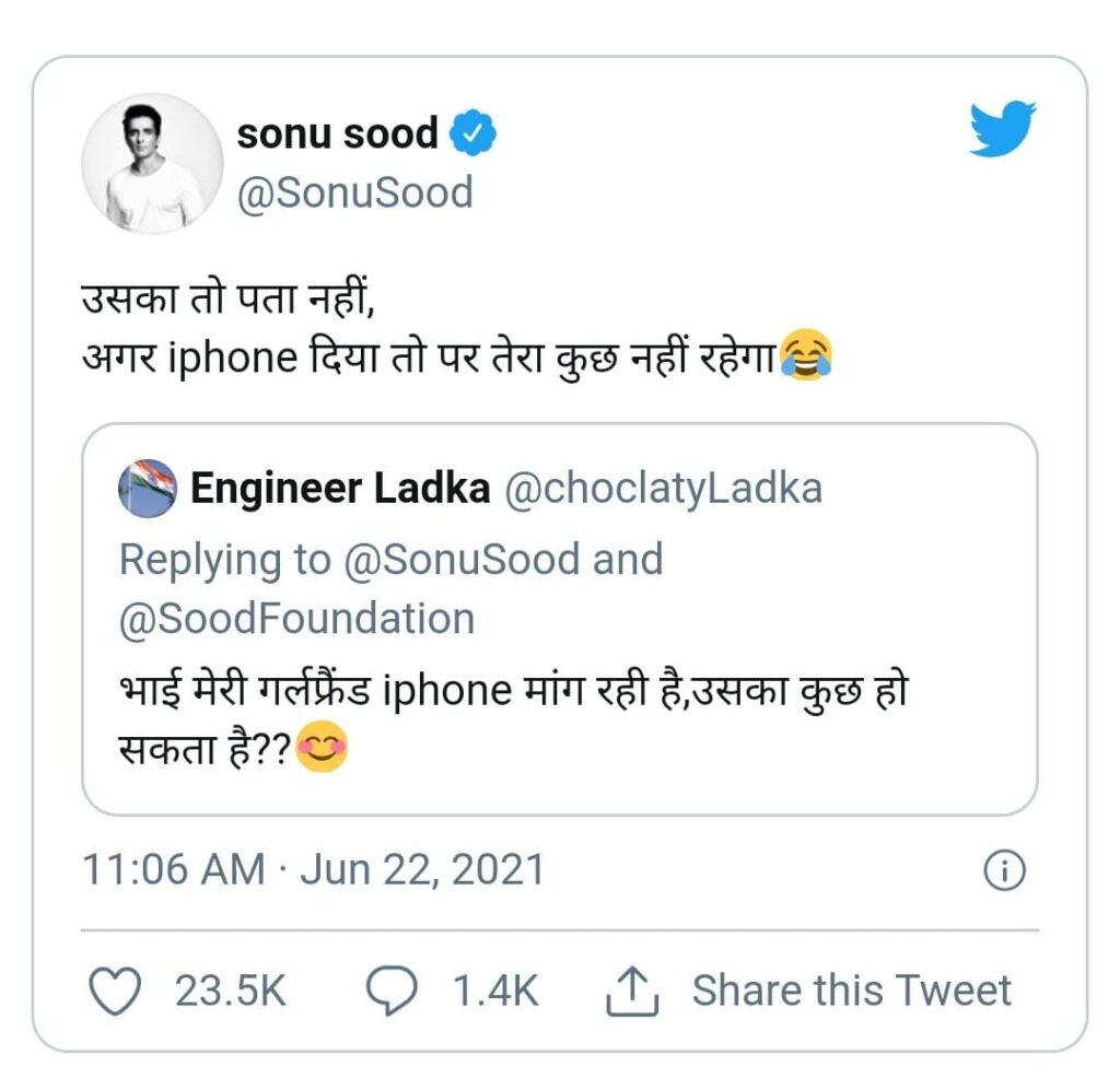 Sonu Sood replied on a person demanding iphone